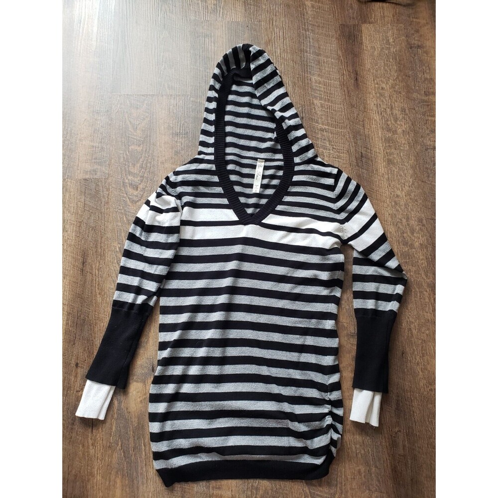 Pino Rossi Womens S Black & White Striped Hooded Knit Sweater